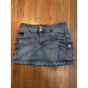 Refuge Denim Womens Large Medium Wash Cargo Mini Skirt Stretch Utility LARGE